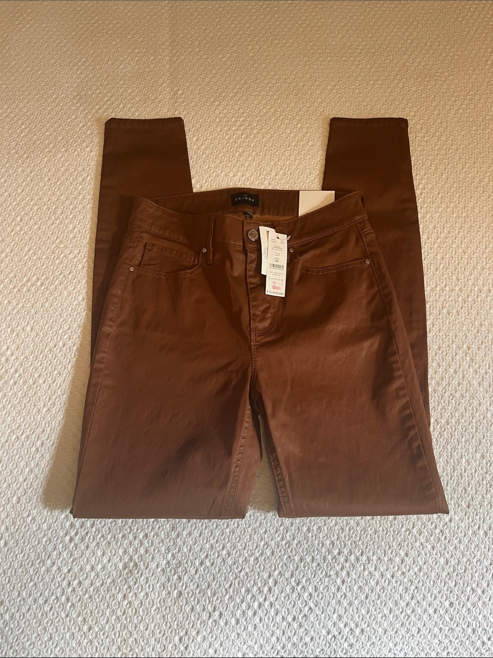 White House Black Market The Skinny High Rise leather like Brown pants sz 0 NWT